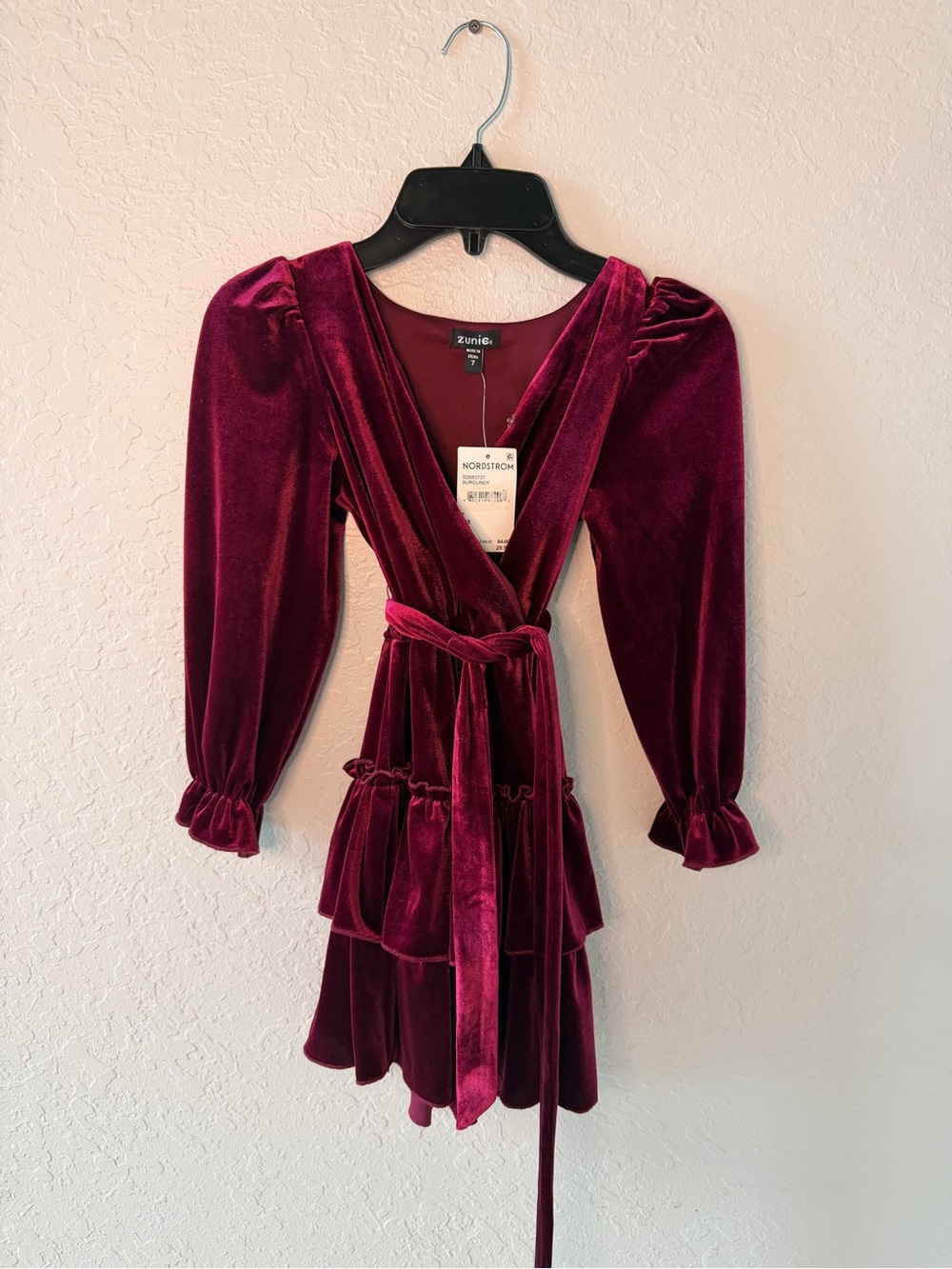 Zunie Girls 7 Holiday Burgundy Velvet Faux Wrap Tiered Holiday Dress NWT